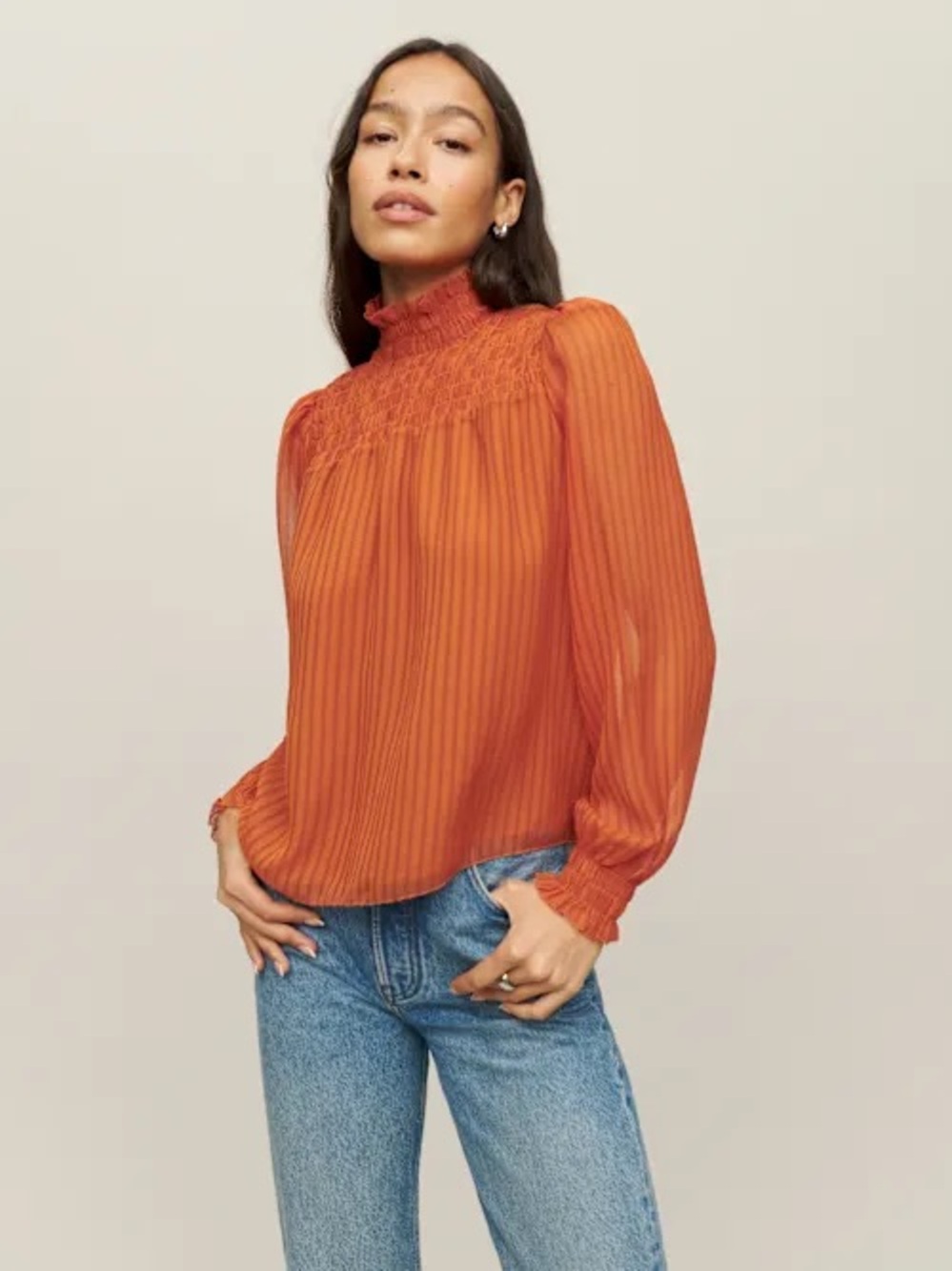Reformation Orange Smocked High-Neck Long-Sleeve Blouse Size S